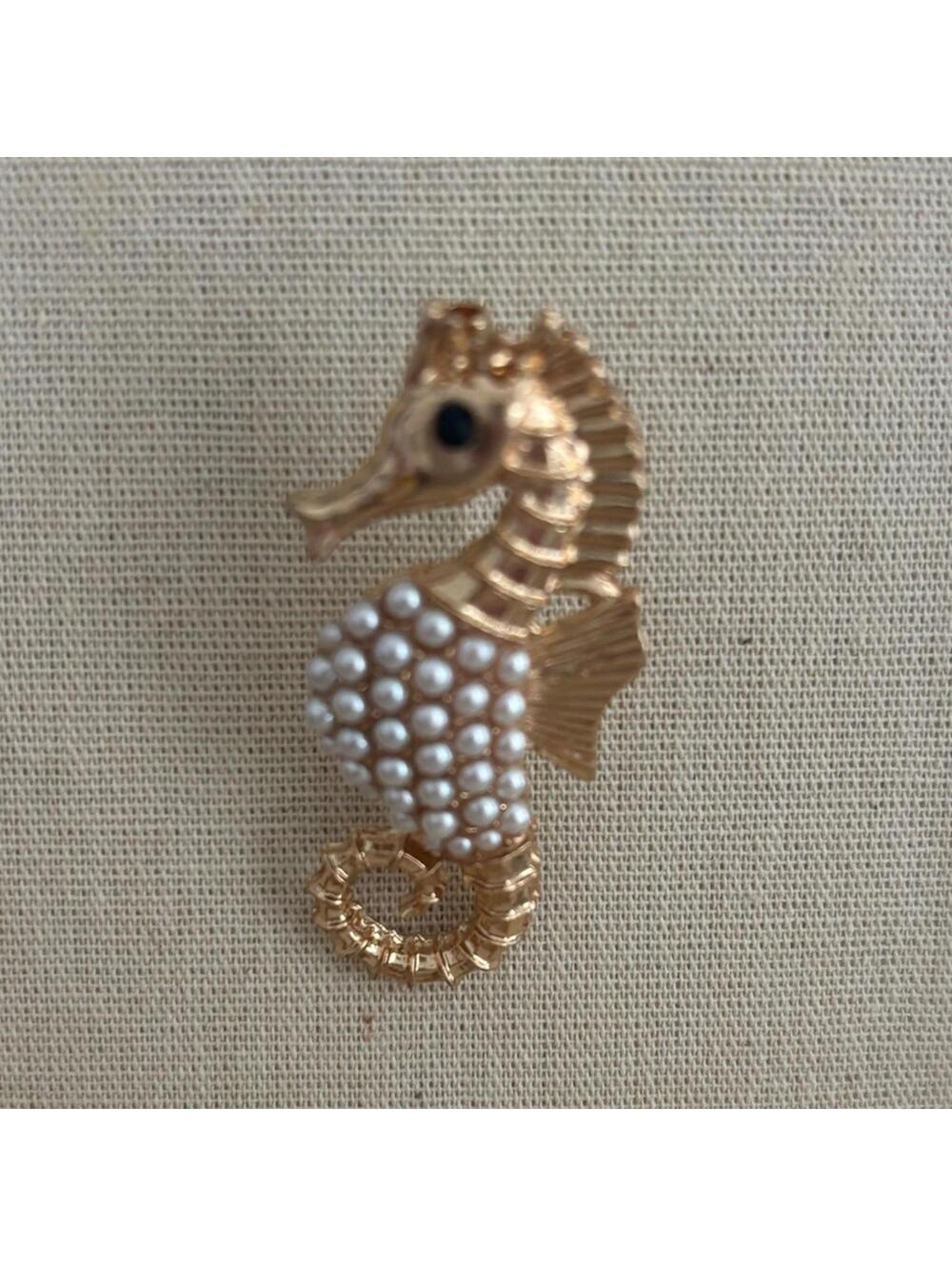 Gold Seahorse Brooch with Pearl Accents